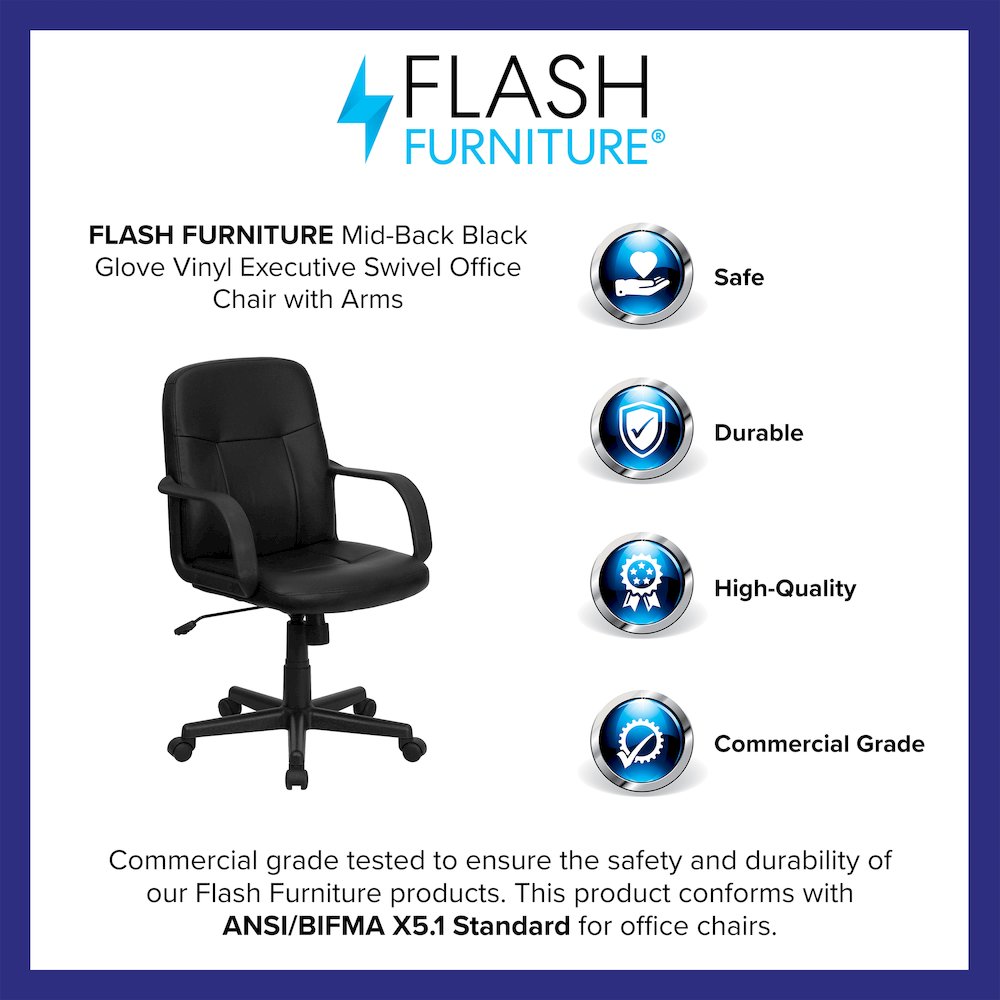 Mid-Back Black Glove Vinyl Executive Swivel Office Chair with Arms. Picture 4