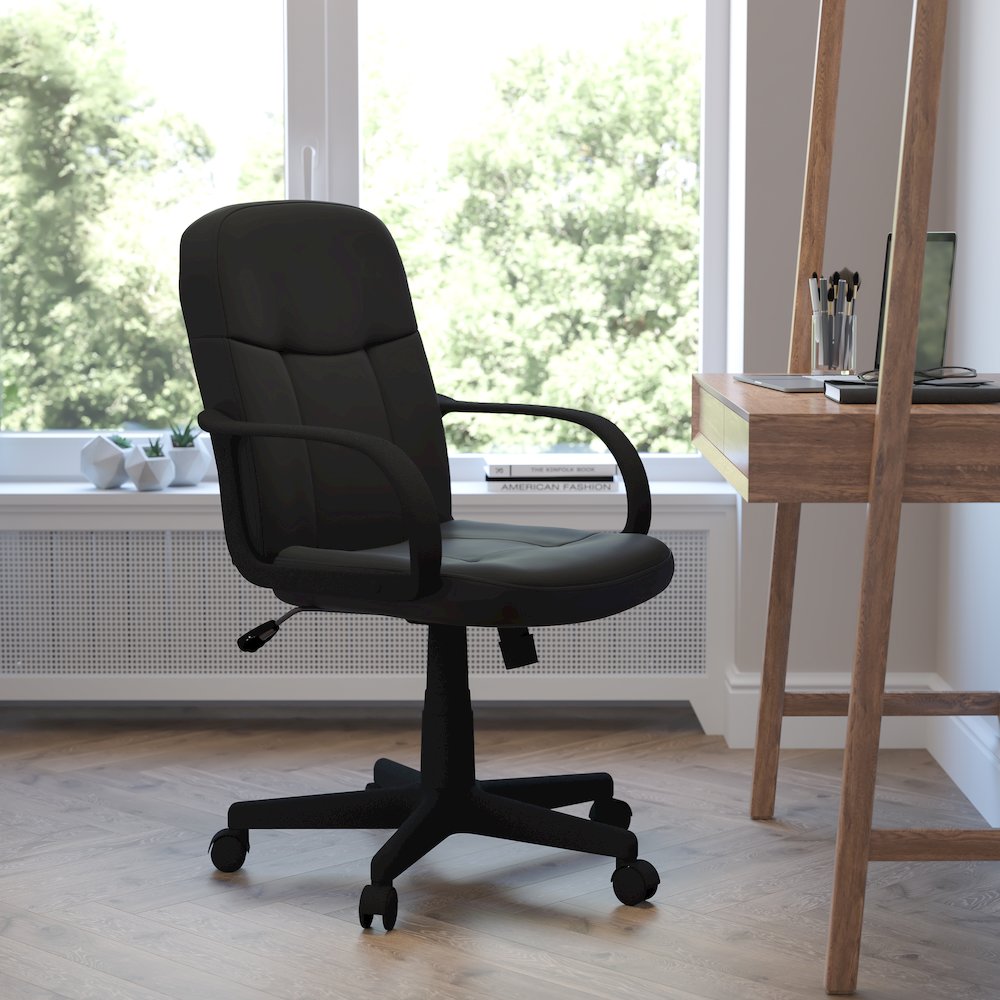 Mid-Back Black Glove Vinyl Executive Swivel Office Chair with Arms. Picture 2