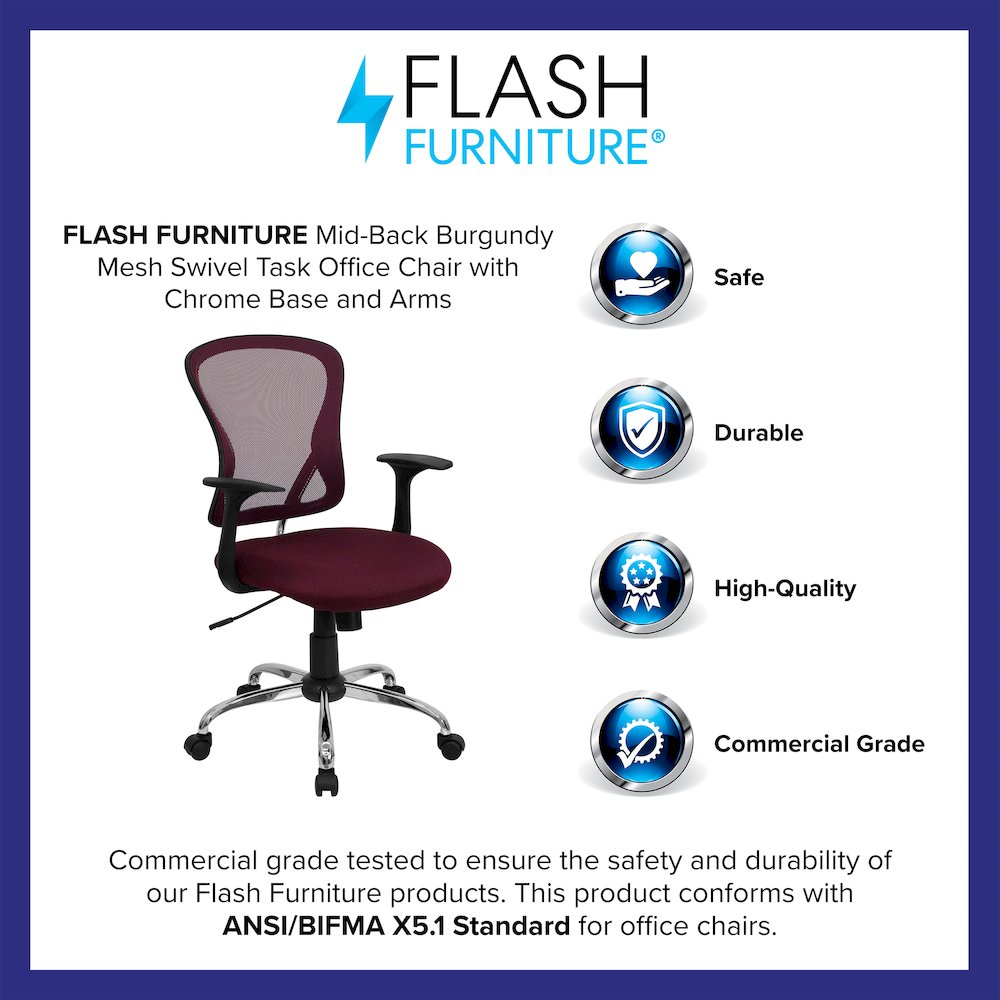 Mid-Back Burgundy Mesh Swivel Task Office Chair with Chrome Base and Arms. Picture 4