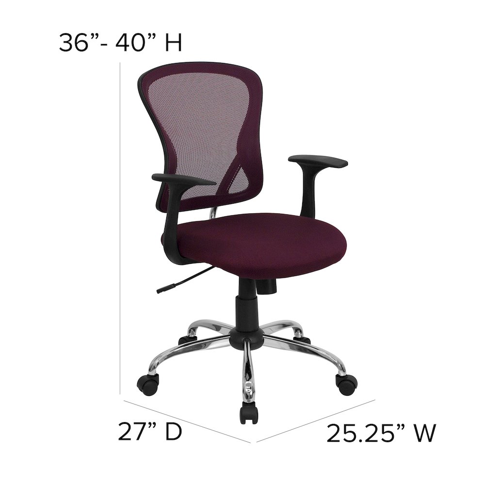 Mid-Back Burgundy Mesh Swivel Task Office Chair with Chrome Base and Arms. Picture 6