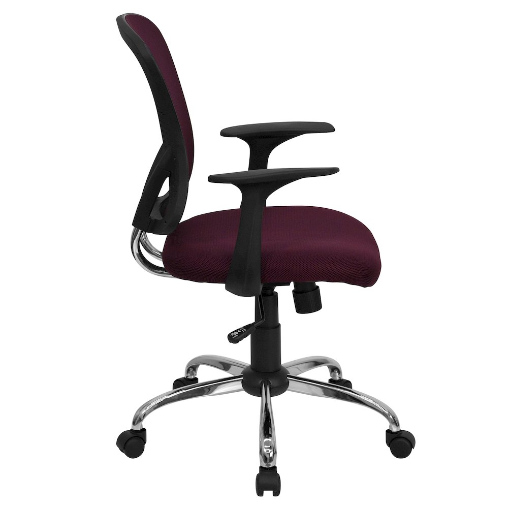 Mid-Back Burgundy Mesh Swivel Task Office Chair with Chrome Base and Arms. Picture 9