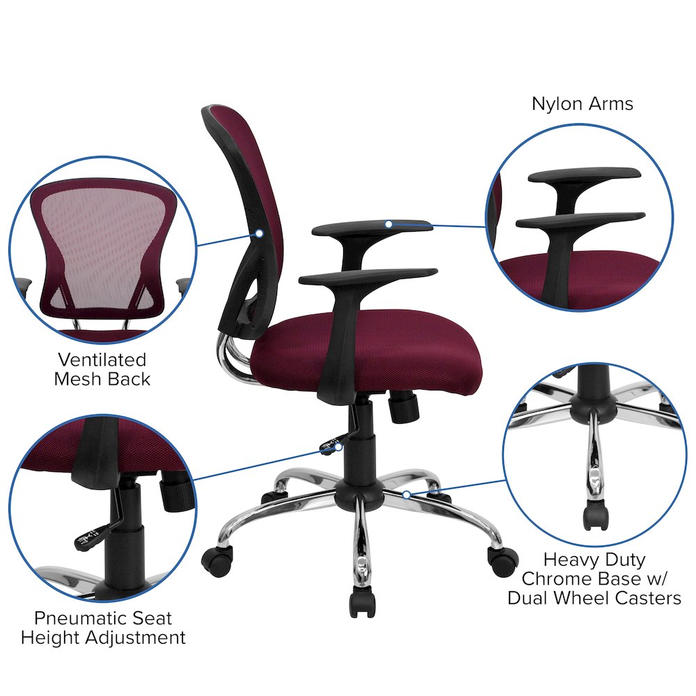 Mid-Back Burgundy Mesh Swivel Task Office Chair with Chrome Base and Arms. Picture 5