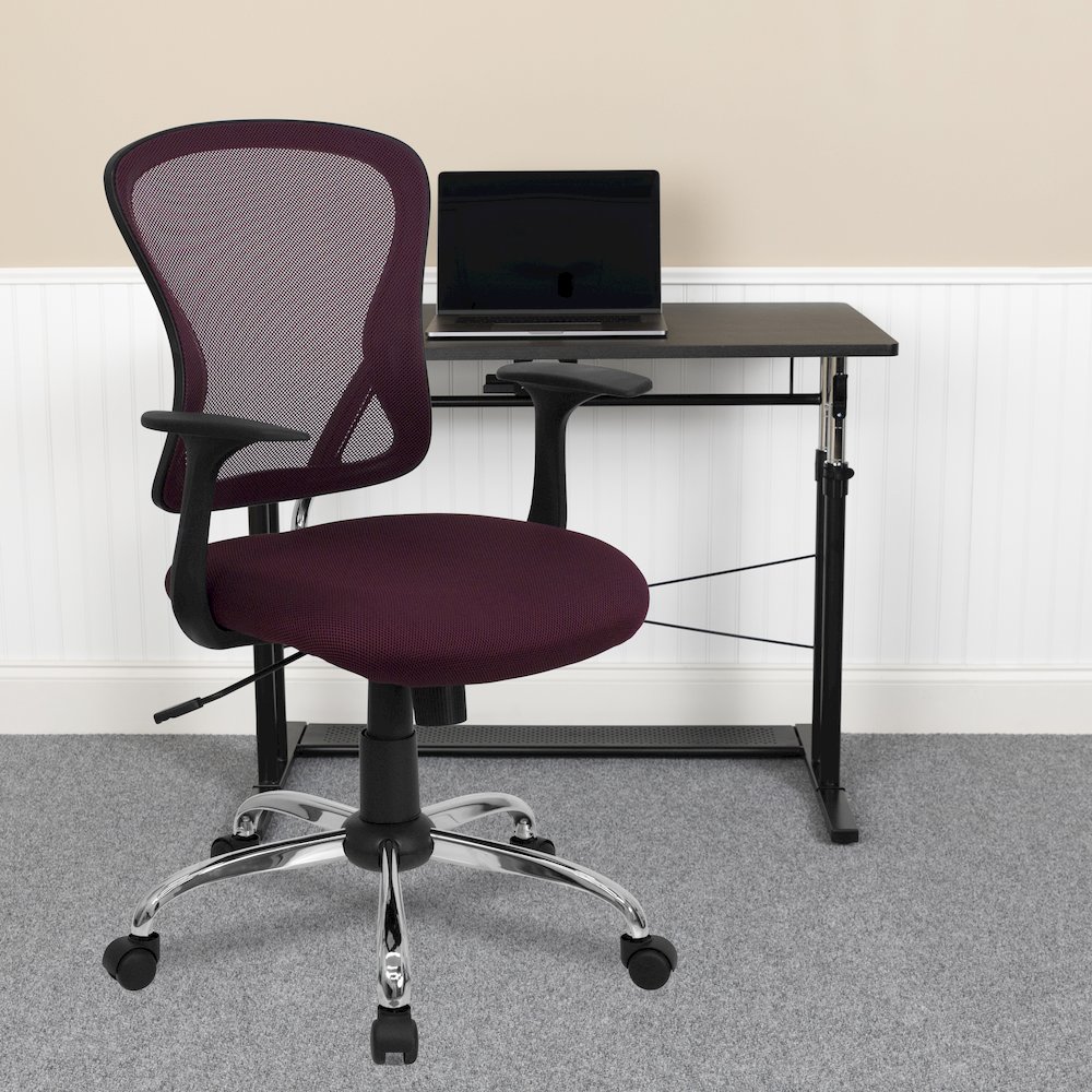 Mid-Back Burgundy Mesh Swivel Task Office Chair with Chrome Base and Arms. Picture 2