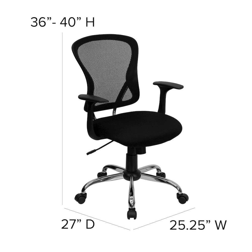 Mid-Back Black Mesh Swivel Task Office Chair with Chrome Base and Arms. Picture 7