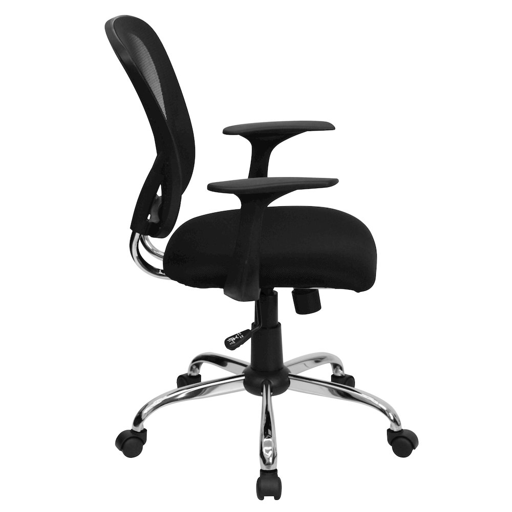 Mid-Back Black Mesh Swivel Task Office Chair with Chrome Base and Arms. Picture 10