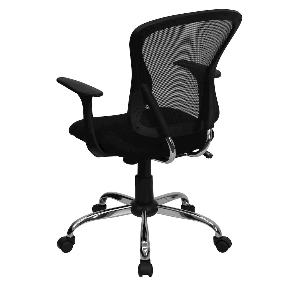 Mid-Back Black Mesh Swivel Task Office Chair with Chrome Base and Arms. Picture 8