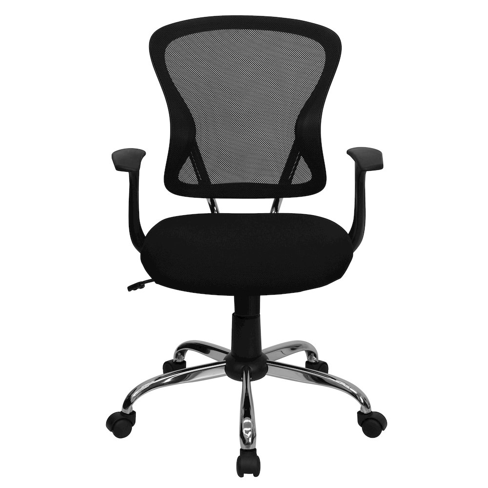Mid-Back Black Mesh Swivel Task Office Chair with Chrome Base and Arms. Picture 11