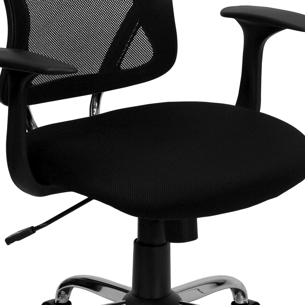 Mid-Back Black Mesh Swivel Task Office Chair with Chrome Base and Arms. Picture 12