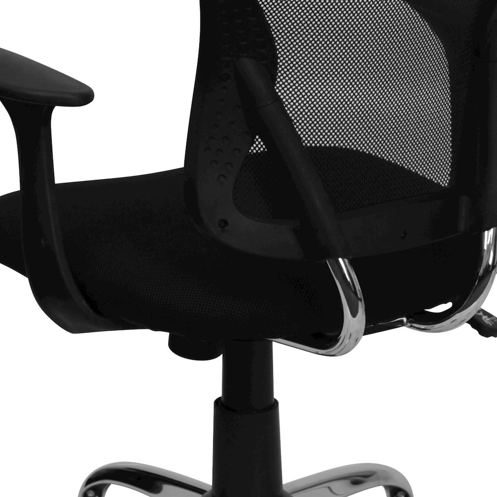 Mid-Back Black Mesh Swivel Task Office Chair with Chrome Base and Arms. Picture 9