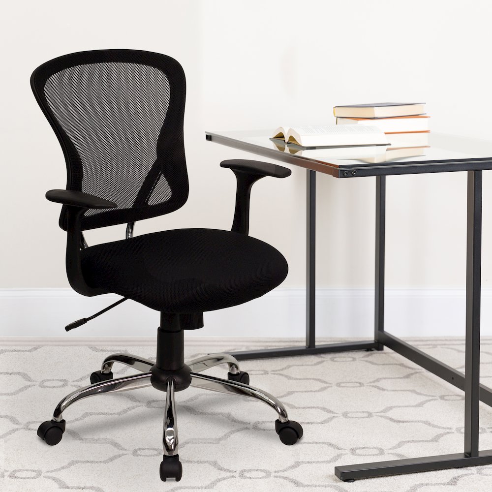Mid-Back Black Mesh Swivel Task Office Chair with Chrome Base and Arms. Picture 2