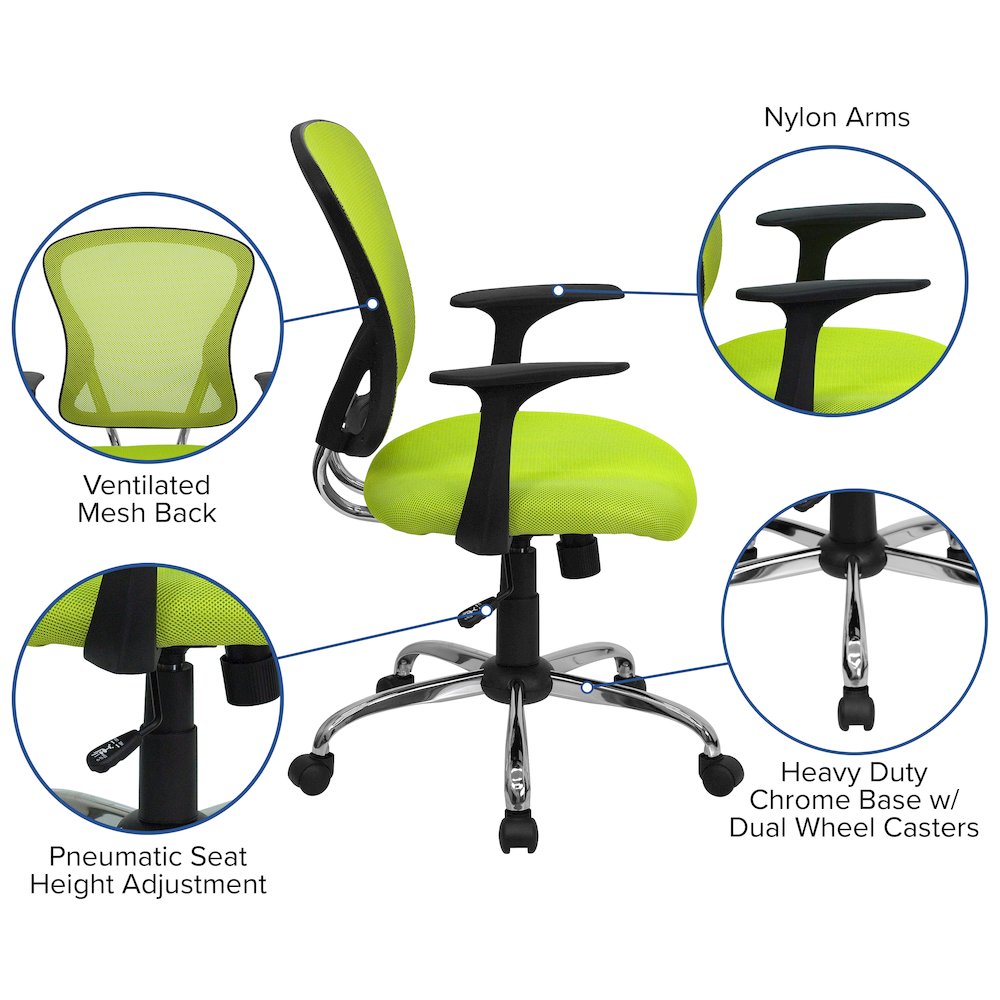 Mid-Back Green Mesh Swivel Task Office Chair with Chrome Base and Arms. Picture 5