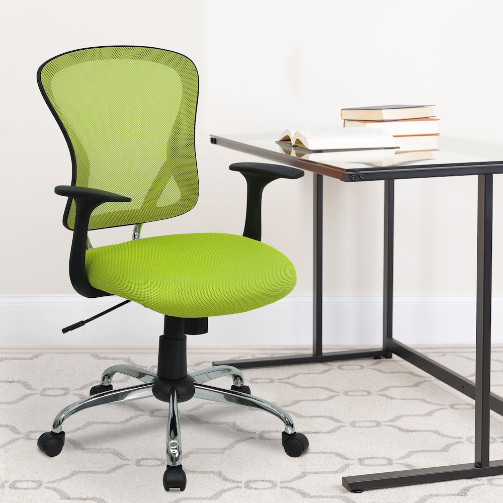 Mid-Back Green Mesh Swivel Task Office Chair with Chrome Base and Arms. Picture 2