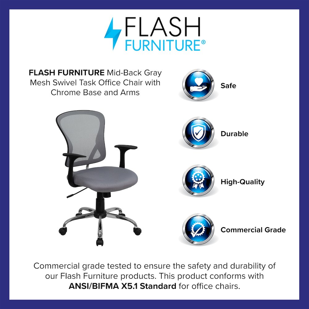 Mid-Back Gray Mesh Swivel Task Office Chair with Chrome Base and Arms. Picture 4