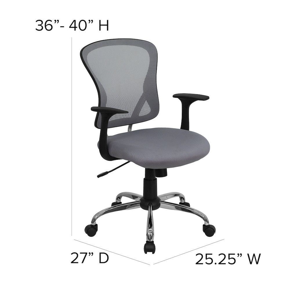 Mid-Back Gray Mesh Swivel Task Office Chair with Chrome Base and Arms. Picture 7