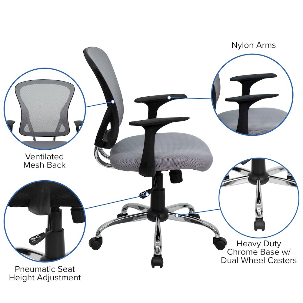 Mid-Back Gray Mesh Swivel Task Office Chair with Chrome Base and Arms. Picture 6