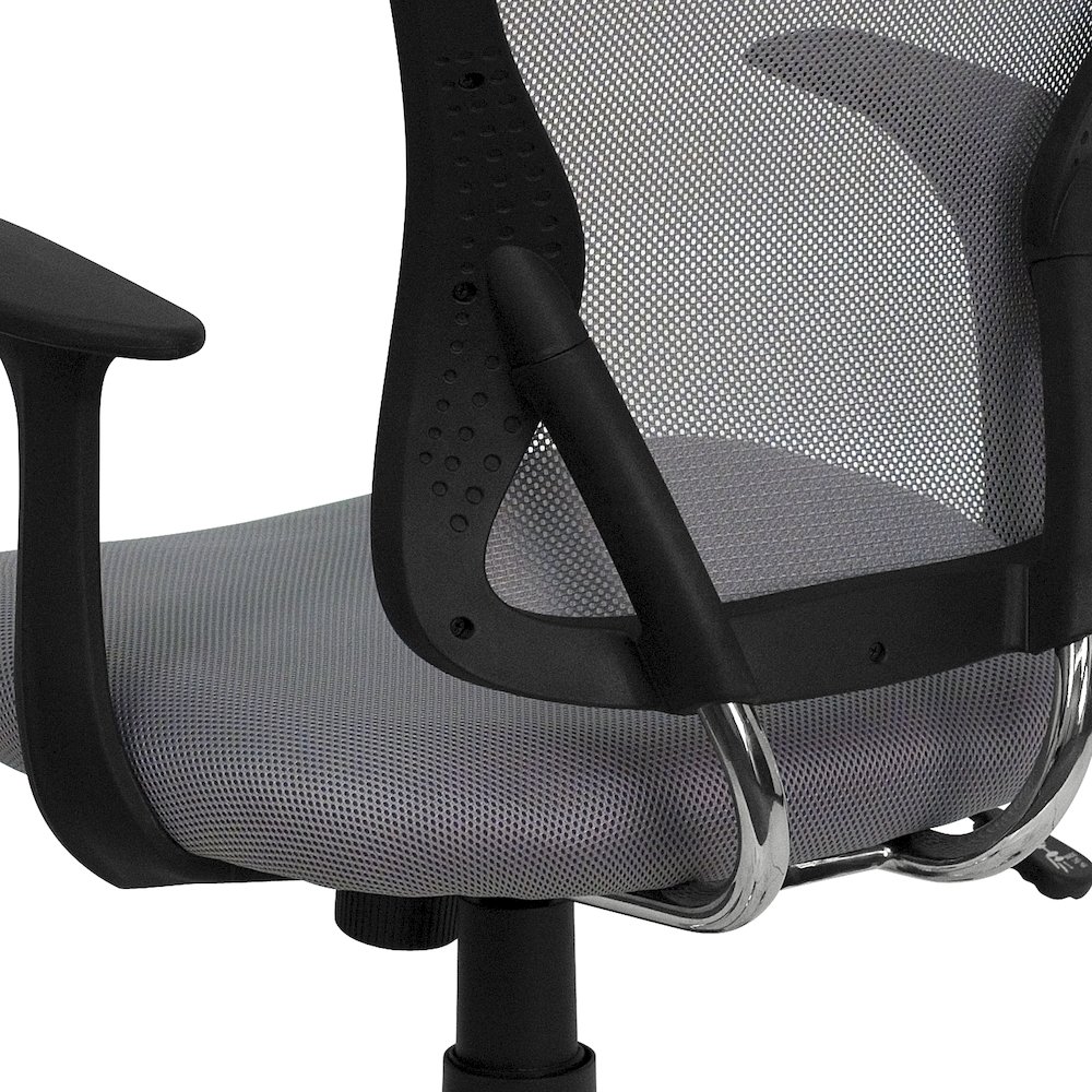 Mid-Back Gray Mesh Swivel Task Office Chair with Chrome Base and Arms. Picture 9