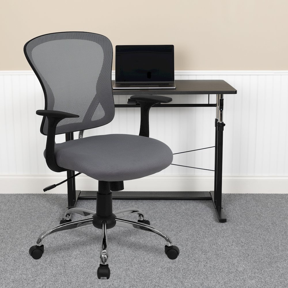 Mid-Back Gray Mesh Swivel Task Office Chair with Chrome Base and Arms. Picture 2