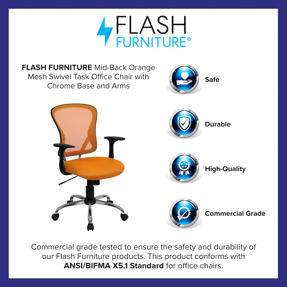 Mid-Back Orange Mesh Swivel Task Office Chair with Chrome Base and Arms. Picture 4