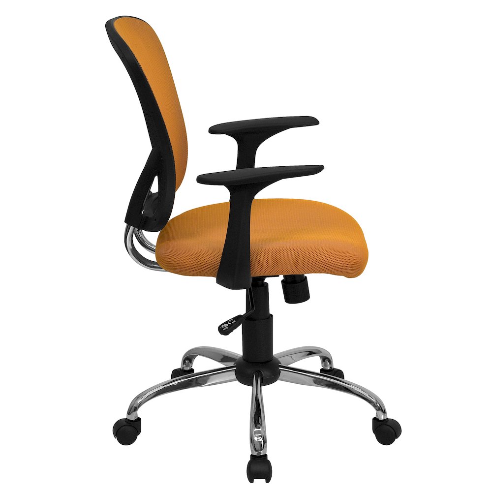 Mid-Back Orange Mesh Swivel Task Office Chair with Chrome Base and Arms. Picture 3