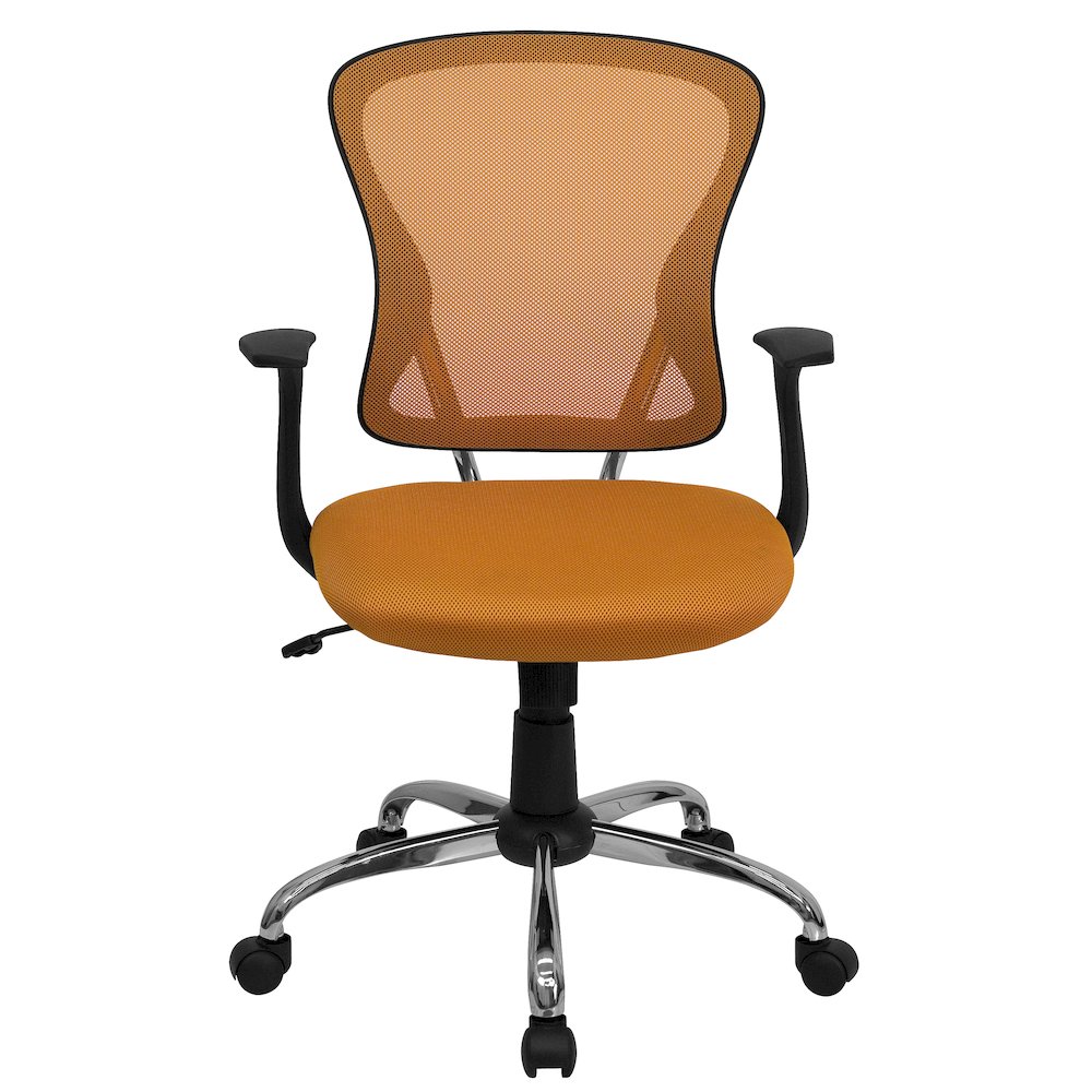 Mid-Back Orange Mesh Swivel Task Office Chair with Chrome Base and Arms. Picture 5