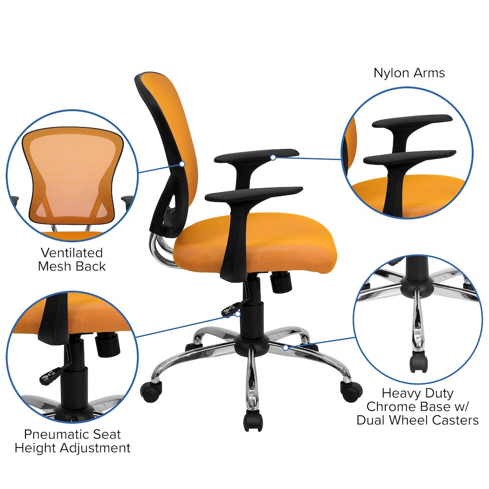 Mid-Back Orange Mesh Swivel Task Office Chair with Chrome Base and Arms. Picture 5