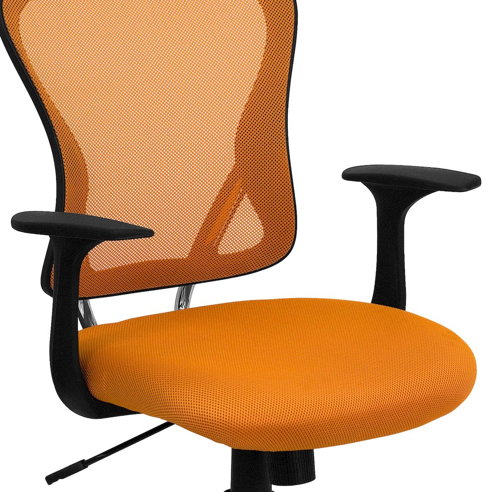Mid-Back Orange Mesh Swivel Task Office Chair with Chrome Base and Arms. Picture 8