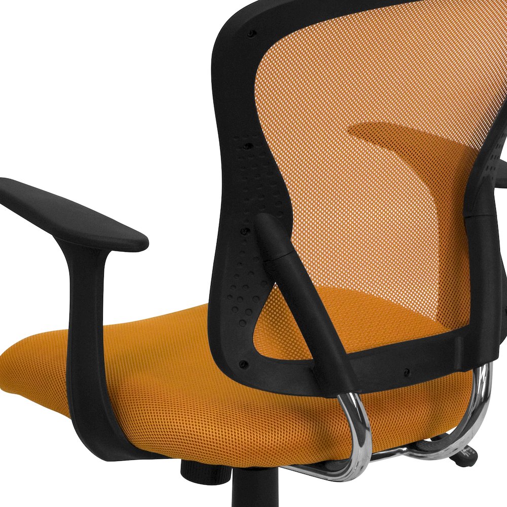 Mid-Back Orange Mesh Swivel Task Office Chair with Chrome Base and Arms. Picture 11