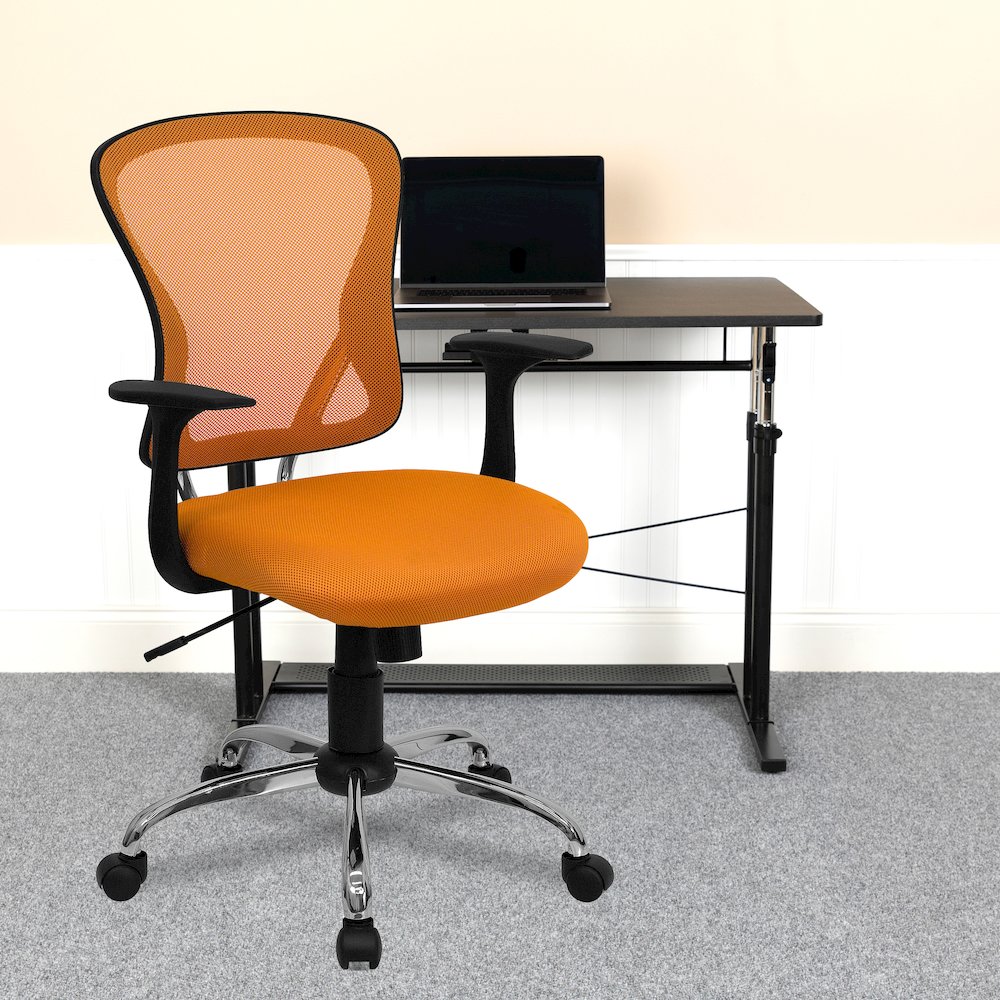 Mid-Back Orange Mesh Swivel Task Office Chair with Chrome Base and Arms. Picture 2