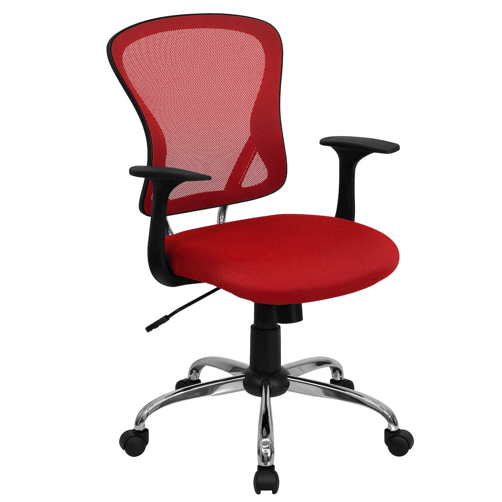 Mid-Back Red Mesh Swivel Task Office Chair with Chrome Base and Arms. Picture 1