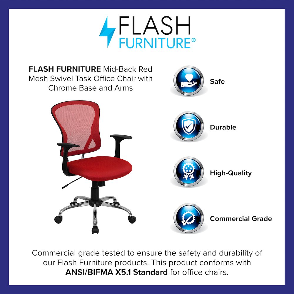Mid-Back Red Mesh Swivel Task Office Chair with Chrome Base and Arms. Picture 4