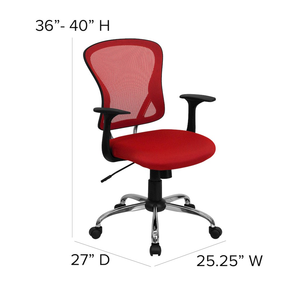 Mid-Back Red Mesh Swivel Task Office Chair with Chrome Base and Arms. Picture 6