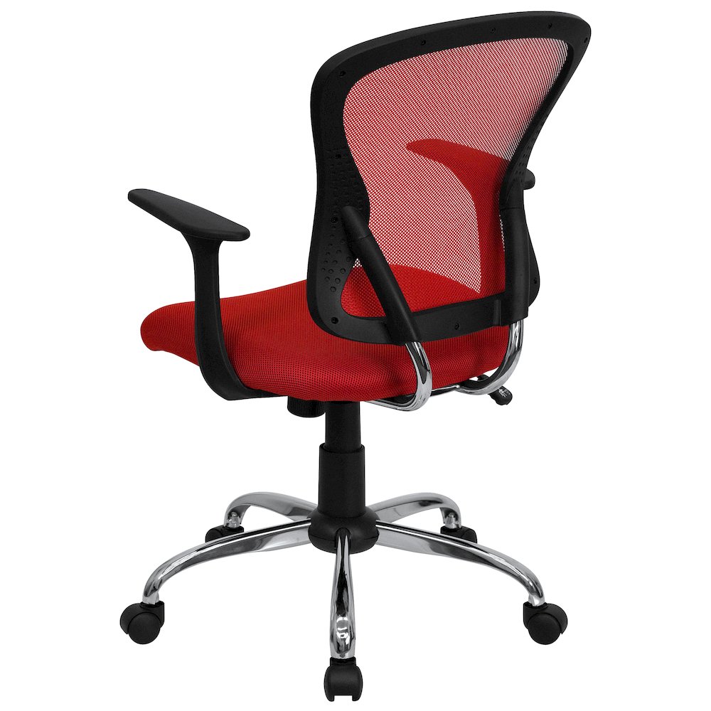 Mid-Back Red Mesh Swivel Task Office Chair with Chrome Base and Arms. Picture 7
