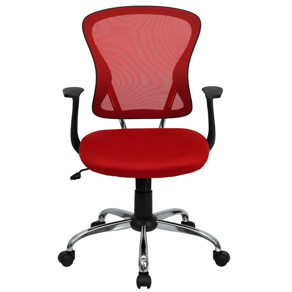 Mid-Back Red Mesh Swivel Task Office Chair with Chrome Base and Arms. Picture 10