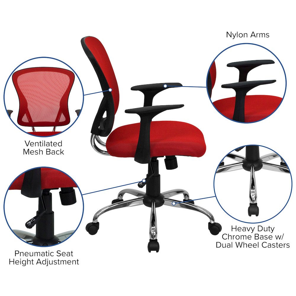 Mid-Back Red Mesh Swivel Task Office Chair with Chrome Base and Arms. Picture 5
