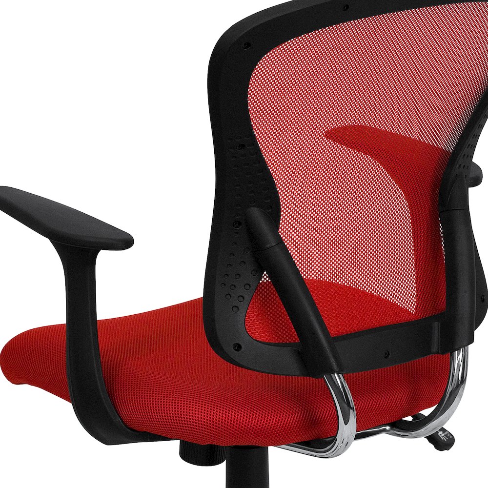 Mid-Back Red Mesh Swivel Task Office Chair with Chrome Base and Arms. Picture 8