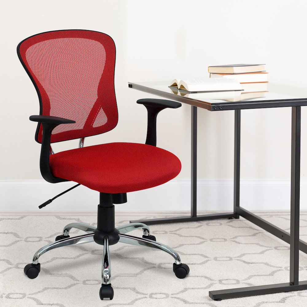 Mid-Back Red Mesh Swivel Task Office Chair with Chrome Base and Arms. Picture 2