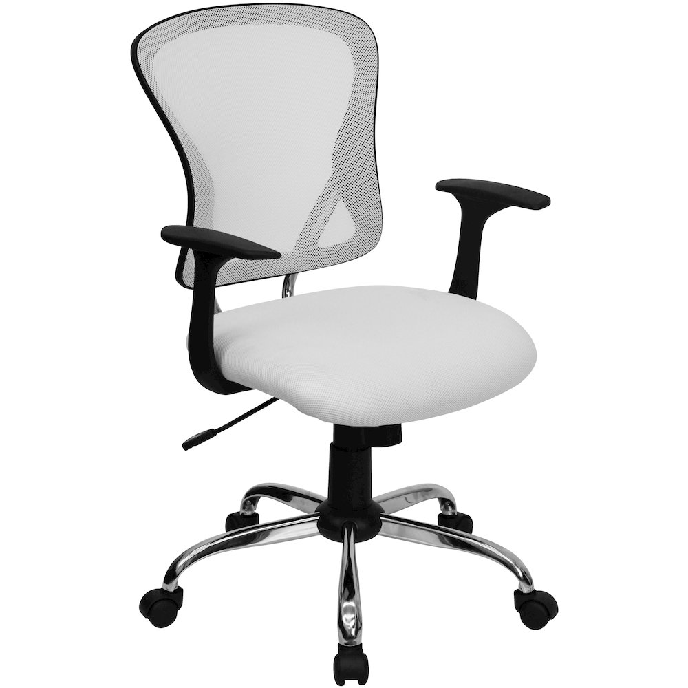 Mid-Back White Mesh Swivel Task Office Chair with Chrome Base and Arms. Picture 1