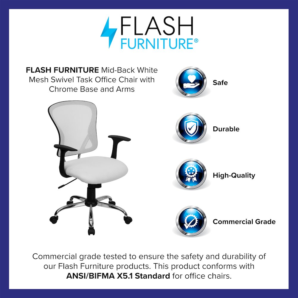 Mid-Back White Mesh Swivel Task Office Chair with Chrome Base and Arms. Picture 4