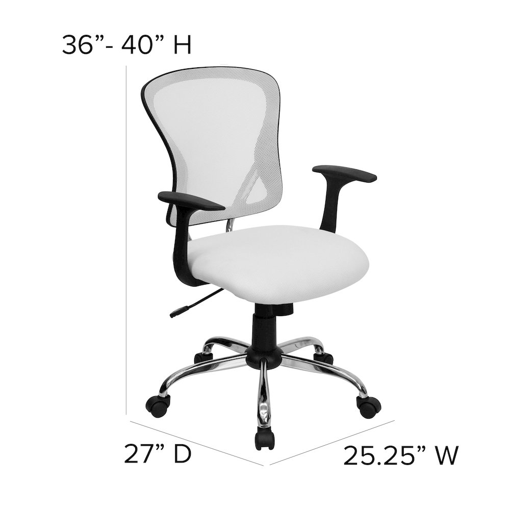Mid-Back White Mesh Swivel Task Office Chair with Chrome Base and Arms. Picture 6