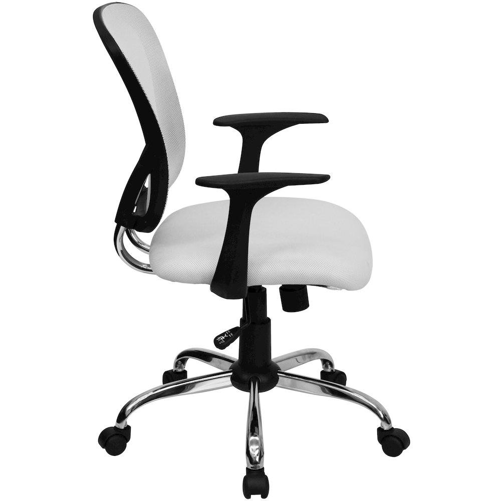 Mid-Back White Mesh Swivel Task Office Chair with Chrome Base and Arms. Picture 9