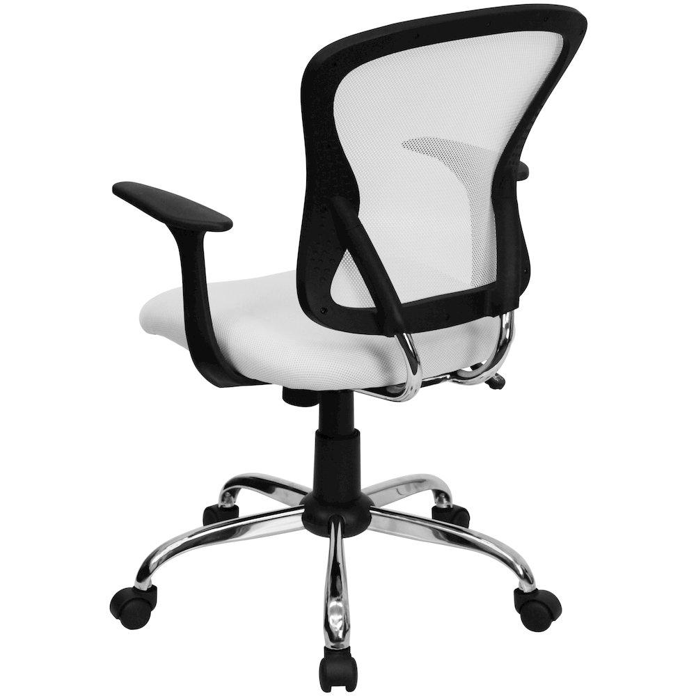 Mid-Back White Mesh Swivel Task Office Chair with Chrome Base and Arms. Picture 7