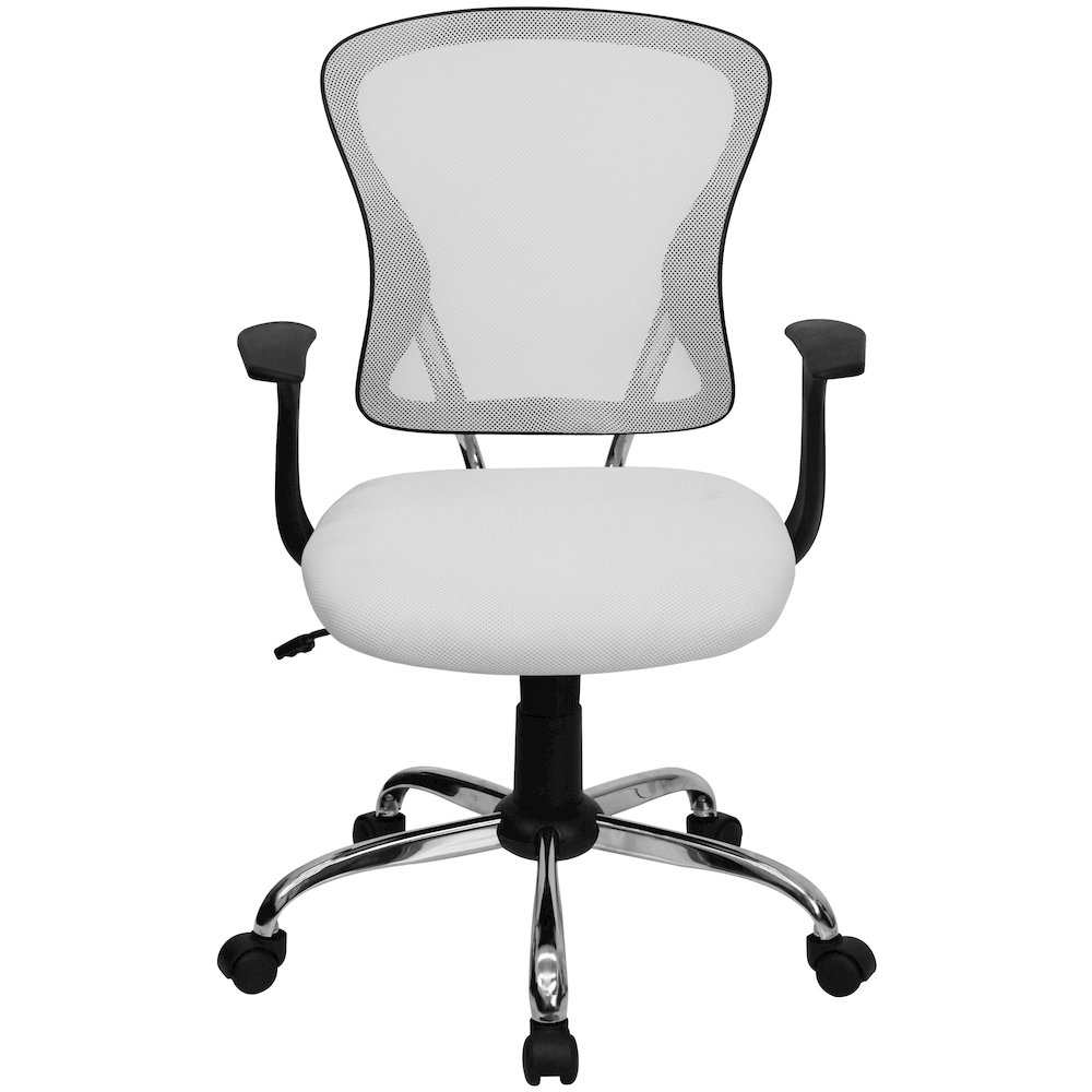 Mid-Back White Mesh Swivel Task Office Chair with Chrome Base and Arms. Picture 10