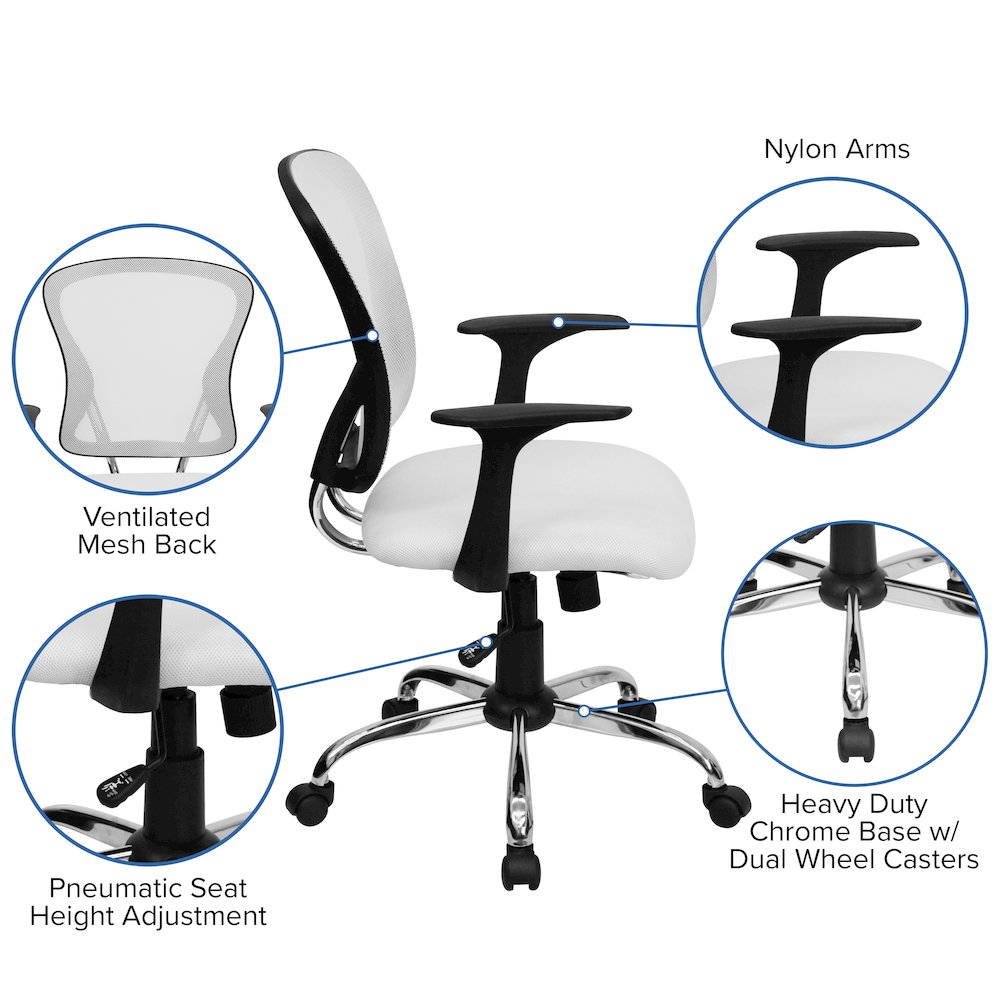 Mid-Back White Mesh Swivel Task Office Chair with Chrome Base and Arms. Picture 5