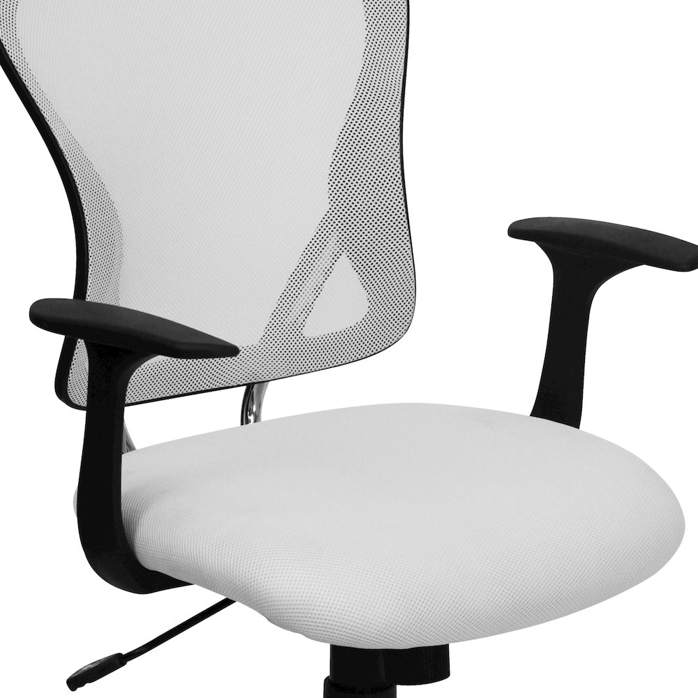 Mid-Back White Mesh Swivel Task Office Chair with Chrome Base and Arms. Picture 11