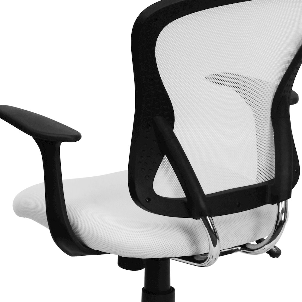 Mid-Back White Mesh Swivel Task Office Chair with Chrome Base and Arms. Picture 8