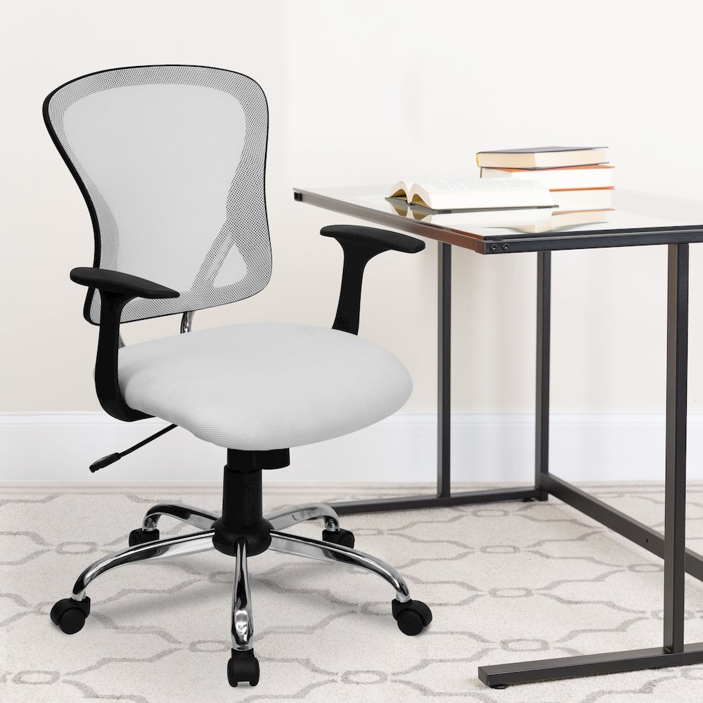 Mid-Back White Mesh Swivel Task Office Chair with Chrome Base and Arms. Picture 2