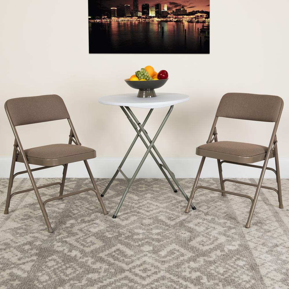 HERCULES Series Curved Triple Braced & Double Hinged Beige Fabric Metal Folding Chair. Picture 2