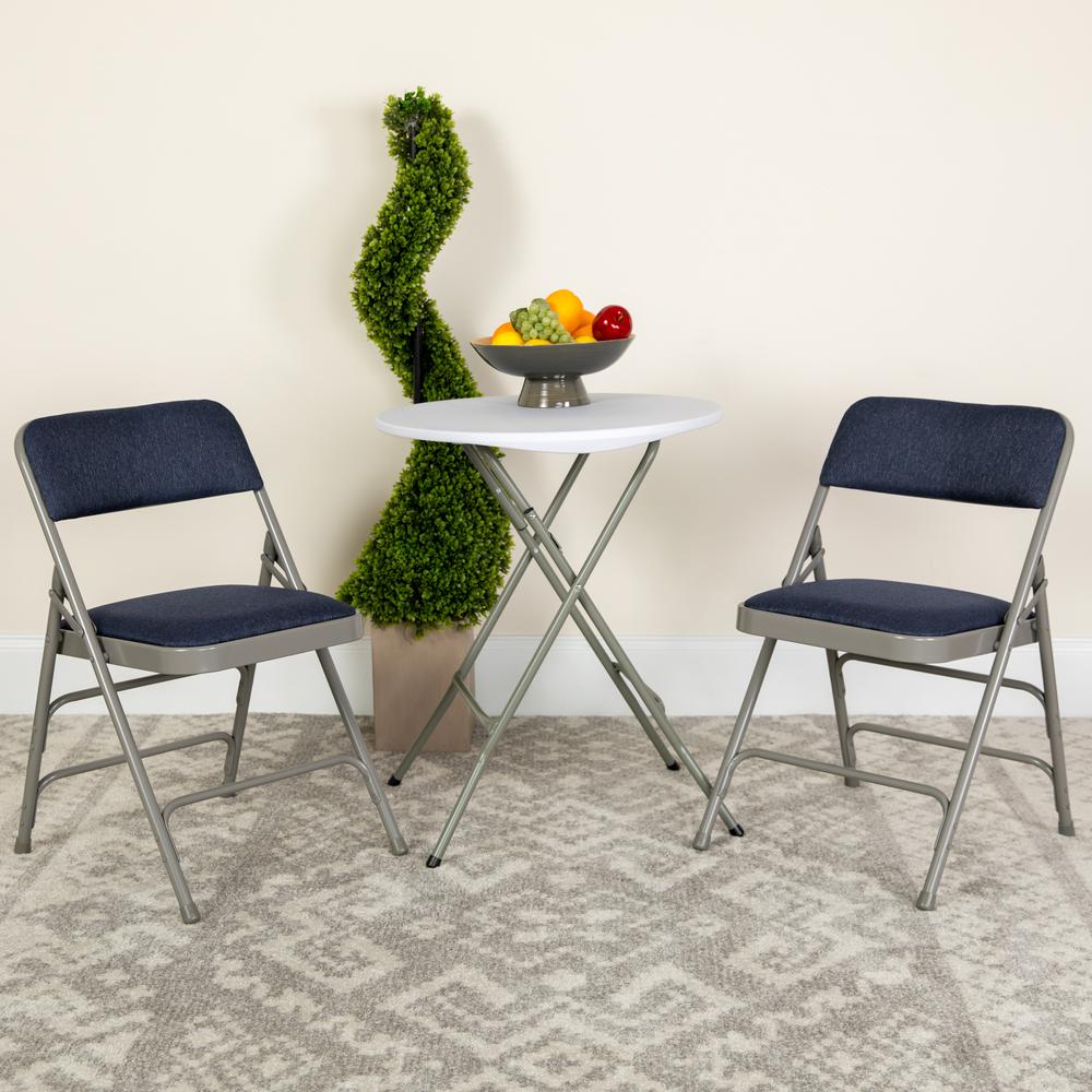 Curved Triple Braced & Double Hinged Navy Fabric Metal Folding Chair. Picture 18