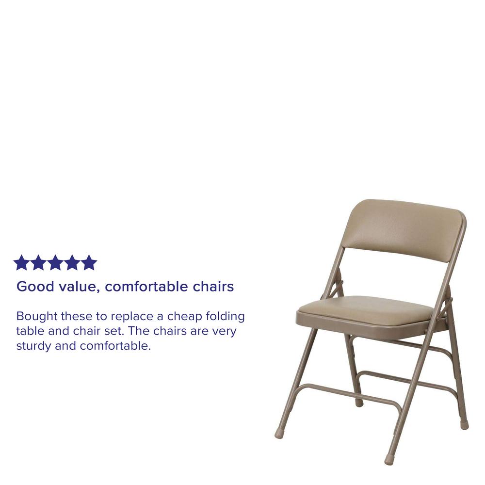 Curved Triple Braced & Double Hinged Beige Vinyl Metal Folding Chair. Picture 19