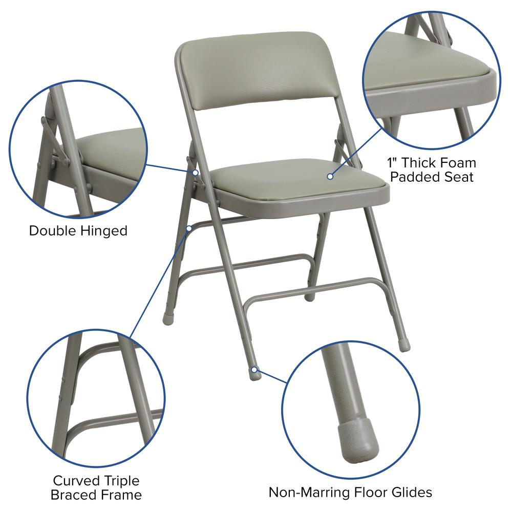 Curved Triple Braced & Double Hinged Gray Vinyl Metal Folding Chair. Picture 15